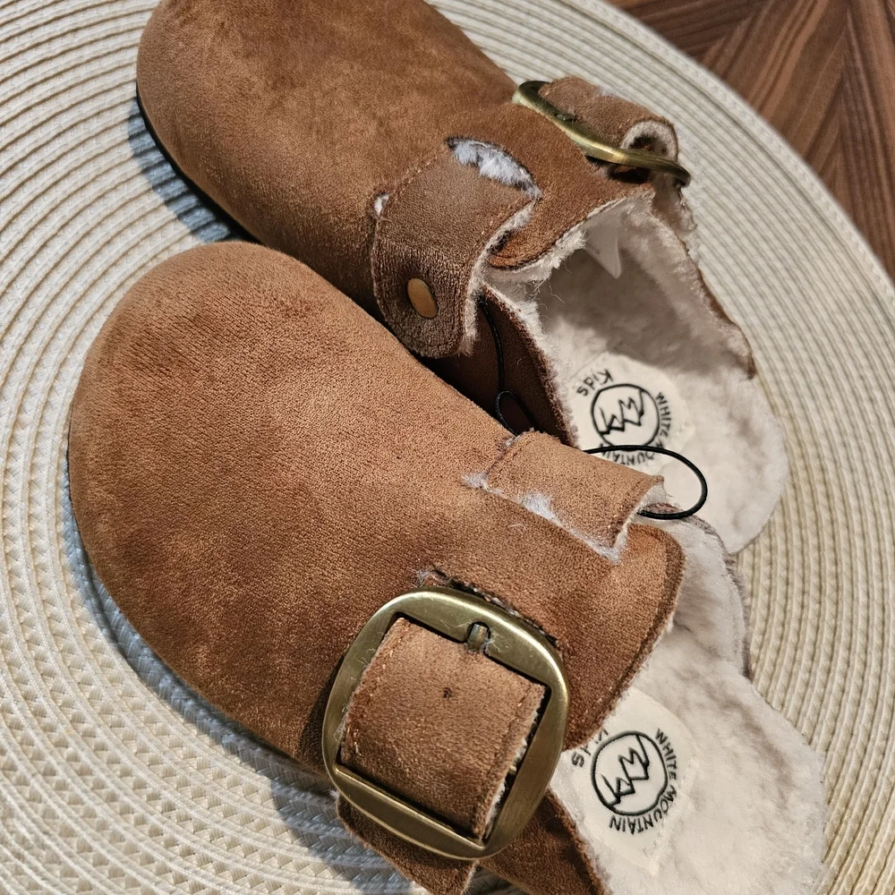 NWT White Mountain Kids Brown Suede Clogs with Gold Buckle